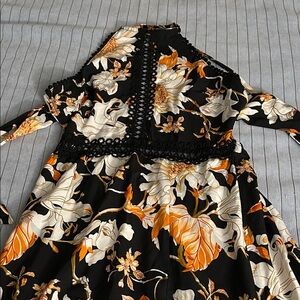 Floral Black and Orange Dress strapless cross cross and tie back